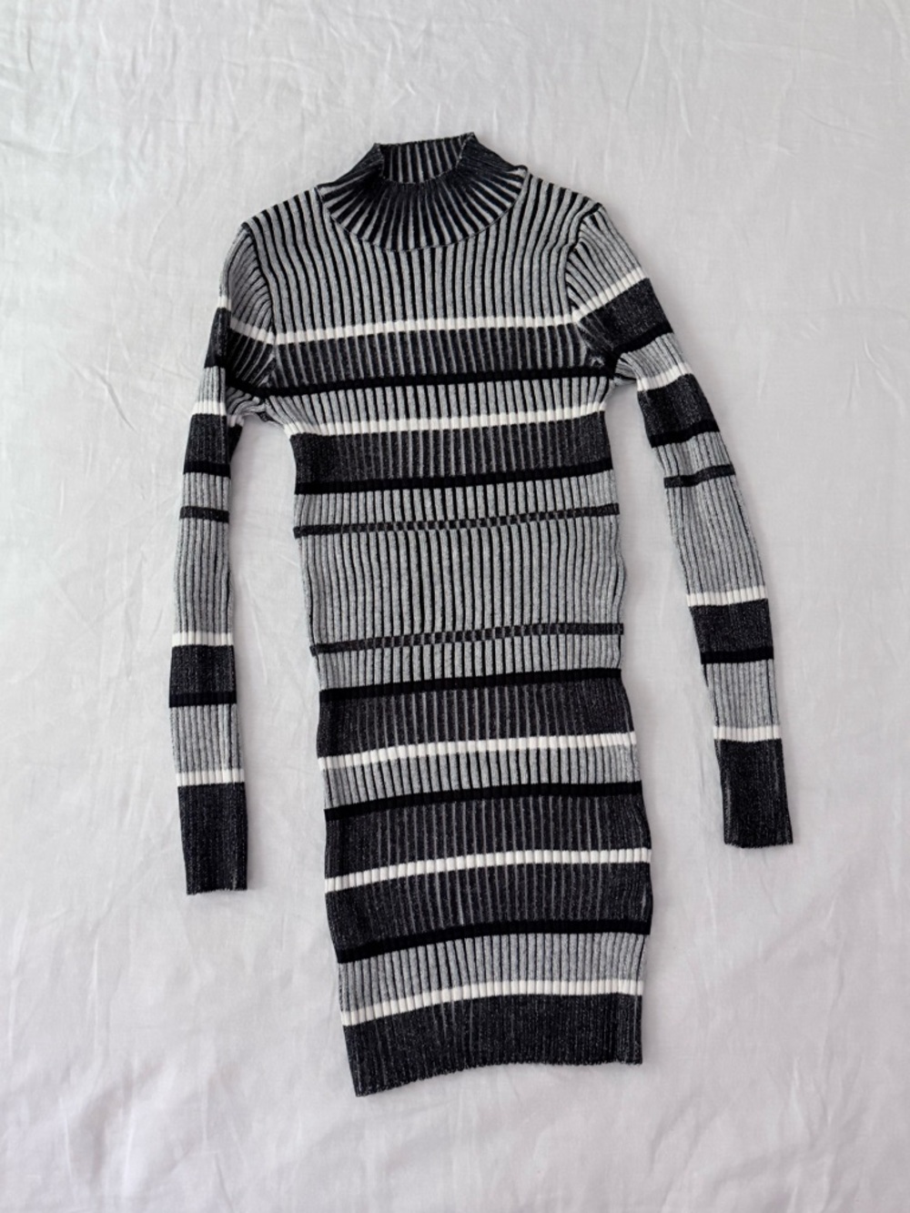 Striped Rib-Knit Turtleneck Bodycon Dress - Black & Gray